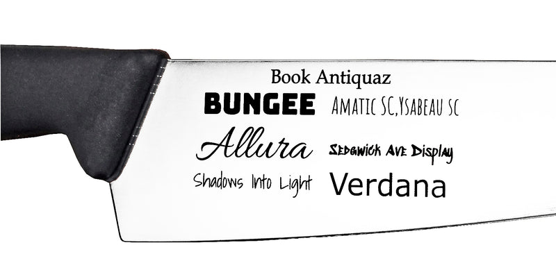 Alt text (in Finnish):Kaiverrusveitsi eri fonteilla: Bungee, Allura, Verdana ja muita