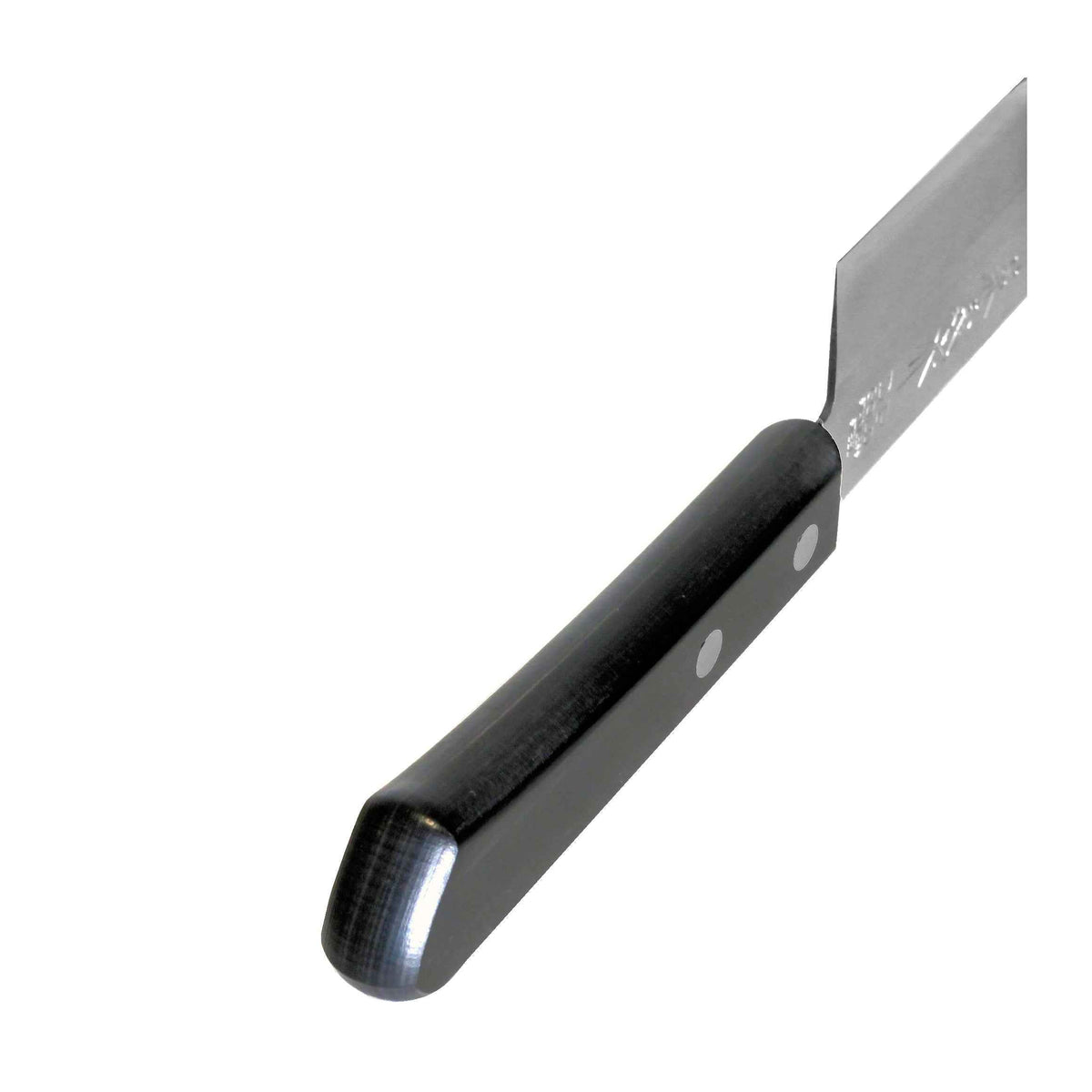 Kaneyoshi nakiriveitsi 16,5 cm, musta kahva ja terä lähikuvassa