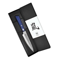 Yaxell Blue Breeze vihannesveitsi tyylikkäässä lahjapakkauksessa, sininen kahva ja taottu terä korostavat japanilaista laatua.