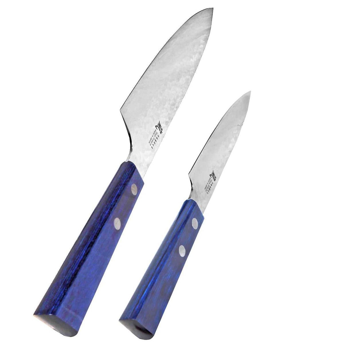 Kaksi Yaxell Blue Breeze veistä, kokki- ja vihannesveitsi, joissa on ergonominen sininen kahva ja japanilainen taottu terä.