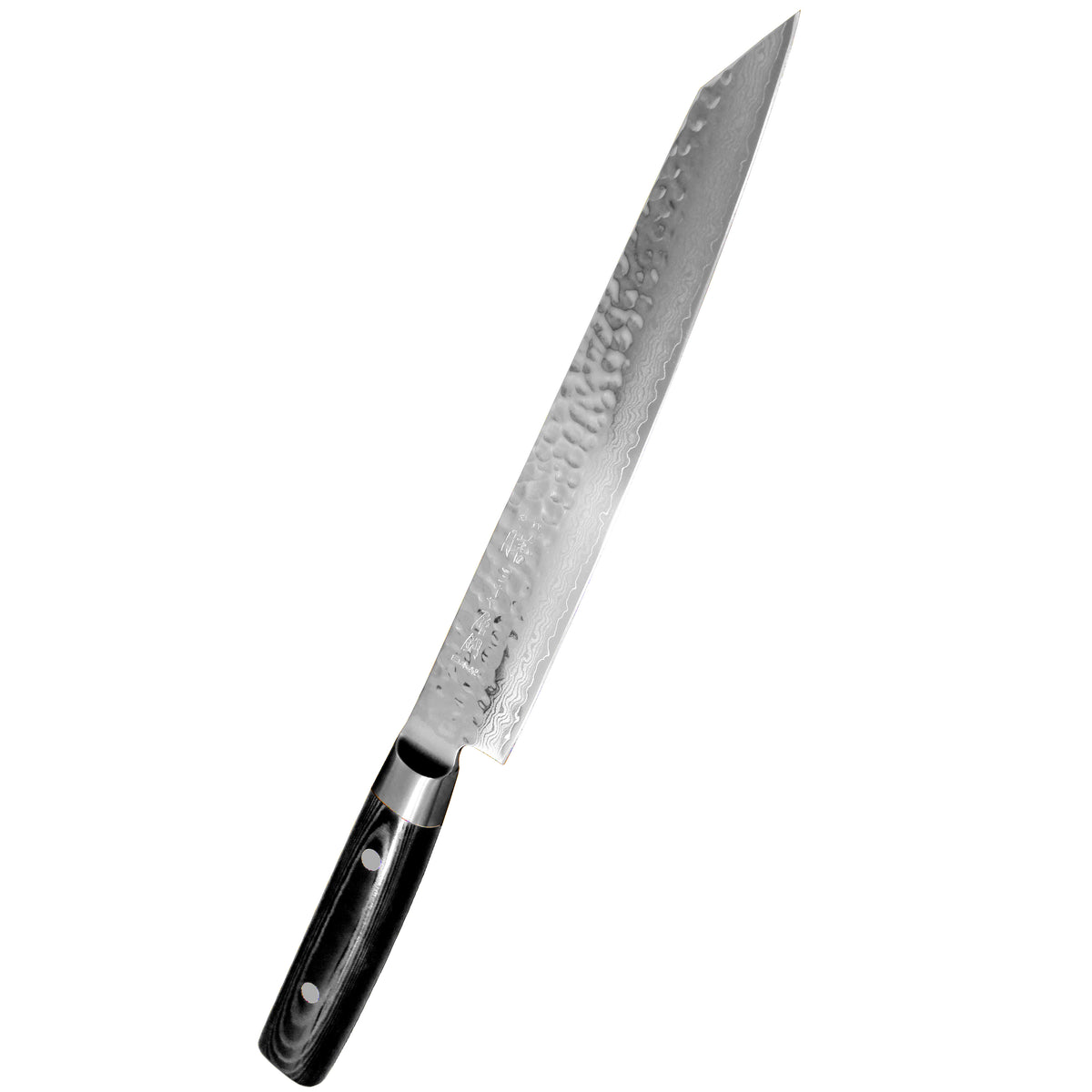 Yaxell Zen paistiveitsi 23 cm – japanilainen veitsi, jossa damaskiterä ja musta pakkapuu-kahva, täydellinen lihan viipalointiin.