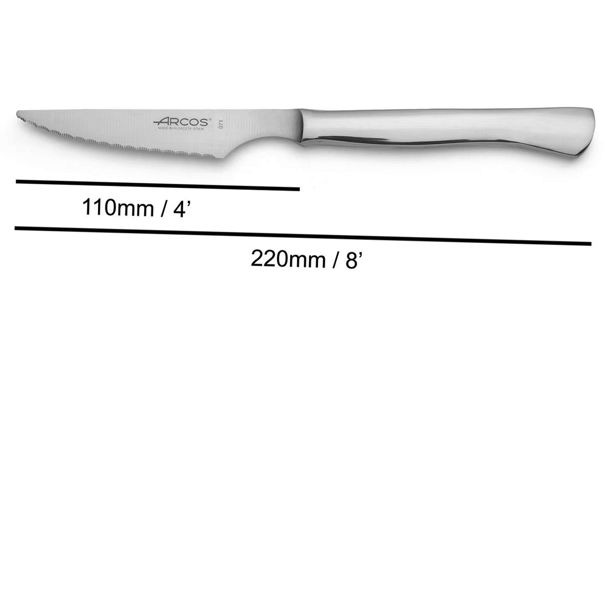 Arcos pihviveitsi mittoineen, 220 mm pitkä ja 110 mm terä, valmistettu ruostumattomasta teräksestä keittiö- ja ruokailukäyttöön.