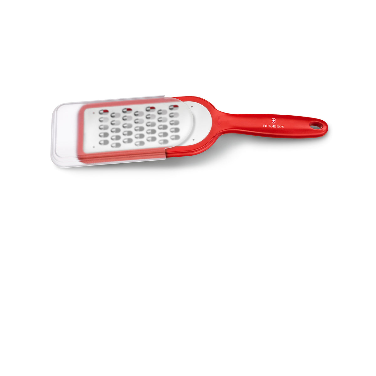 Victorinox karkearaastin läpinäkyvällä teräsuojalla, punainen silikonikahva. Kestävä keittiöväline vihanneksille ja juustoille.