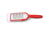 Victorinox karkearaastin läpinäkyvällä teräsuojalla, punainen silikonikahva. Kestävä keittiöväline vihanneksille ja juustoille.