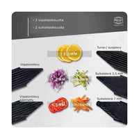 Börner V6 Mandoliinin viipaleterät: 3 viipalepaksuutta ja 2 suikaleterää, soveltuu julienne-leikkaukseen ja tarkkaan viipalointiin.