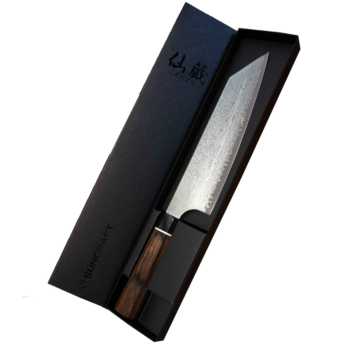 Suncraft Senzo Kiritsuke - Damascus veitsi tyylikkäässä lahjapakkauksessa. 20 cm VG10-terä ja pakkapuu-kahva, japanilaista laatua.