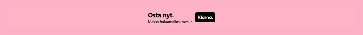 Alt-teksti: Vaaleanpunaisella taustalla musta painike, jossa lukeeOsta nyt." ja vieressä valkoinen teksti "Klarna." sekä pienempi teksti "Maksa myöhemmin ilman kuluja.