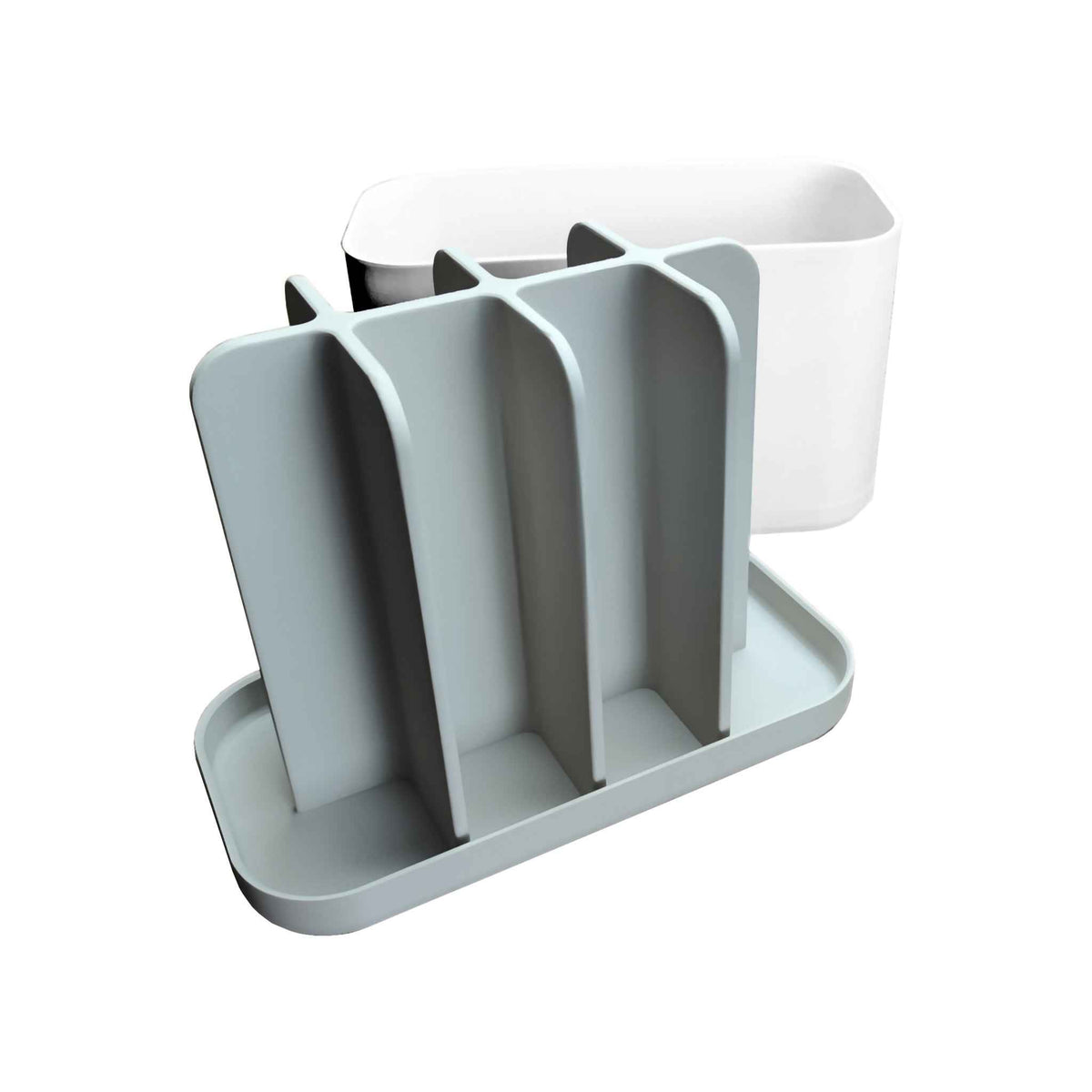 Kylpyhuoneteline - Kylpyhuoneen järjestelijä purettuna osiin, esittelee sisäiset lokerot ja irrotettavan pohjan helppoa puhdistusta varten.