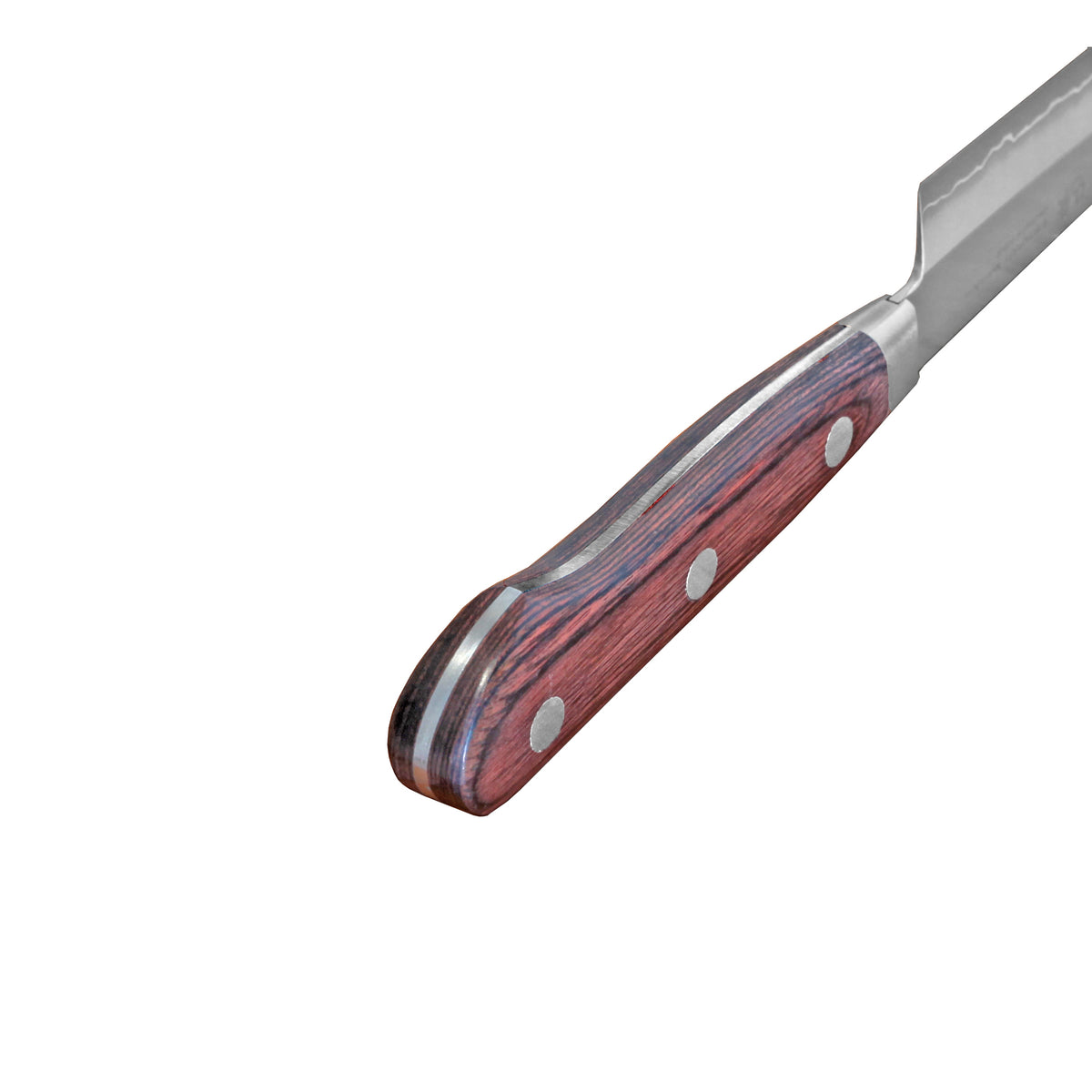 Suncraft SENZO Clad kokkiveitsen ergonominen puukahva kolmella niitillä, tarjoaa tukevan otteen ja kestävyyttä päivittäiseen käyttöön.