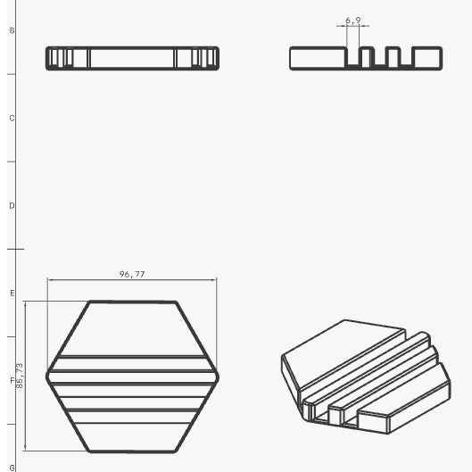 Tekninen piirros Veitsikauppa PK-3 telineestä, mitat ja rakenne leikkuulaudan säilytystelineelle esitettynä.