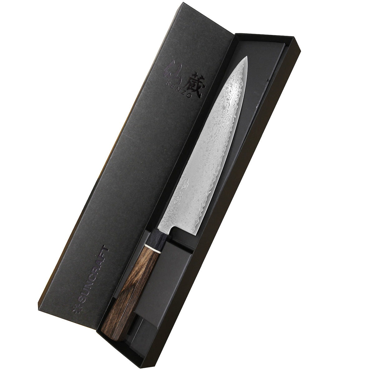 Suncraft Senzo Damascus Black kokkiveitsi 20 cm tyylikkäässä lahjapakkauksessa, täydellinen lahja ruoanlaiton harrastajalle.