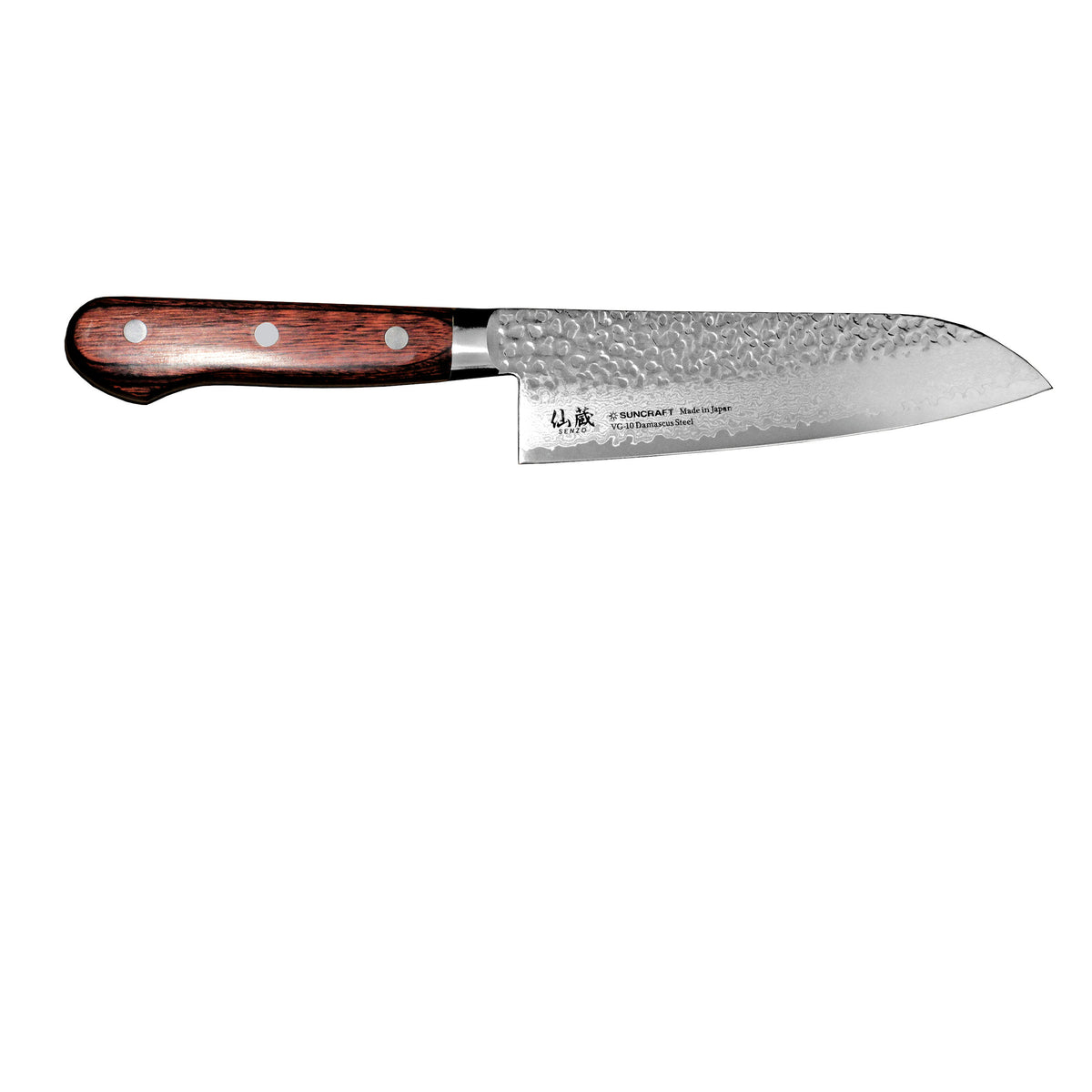 Suncraft Senzo Damascus Santoku -veitsi 16,5 cm, japanilainen damascus-terä ja kolmen niitin puukahva, tarkkaan ruoanlaittoon.
