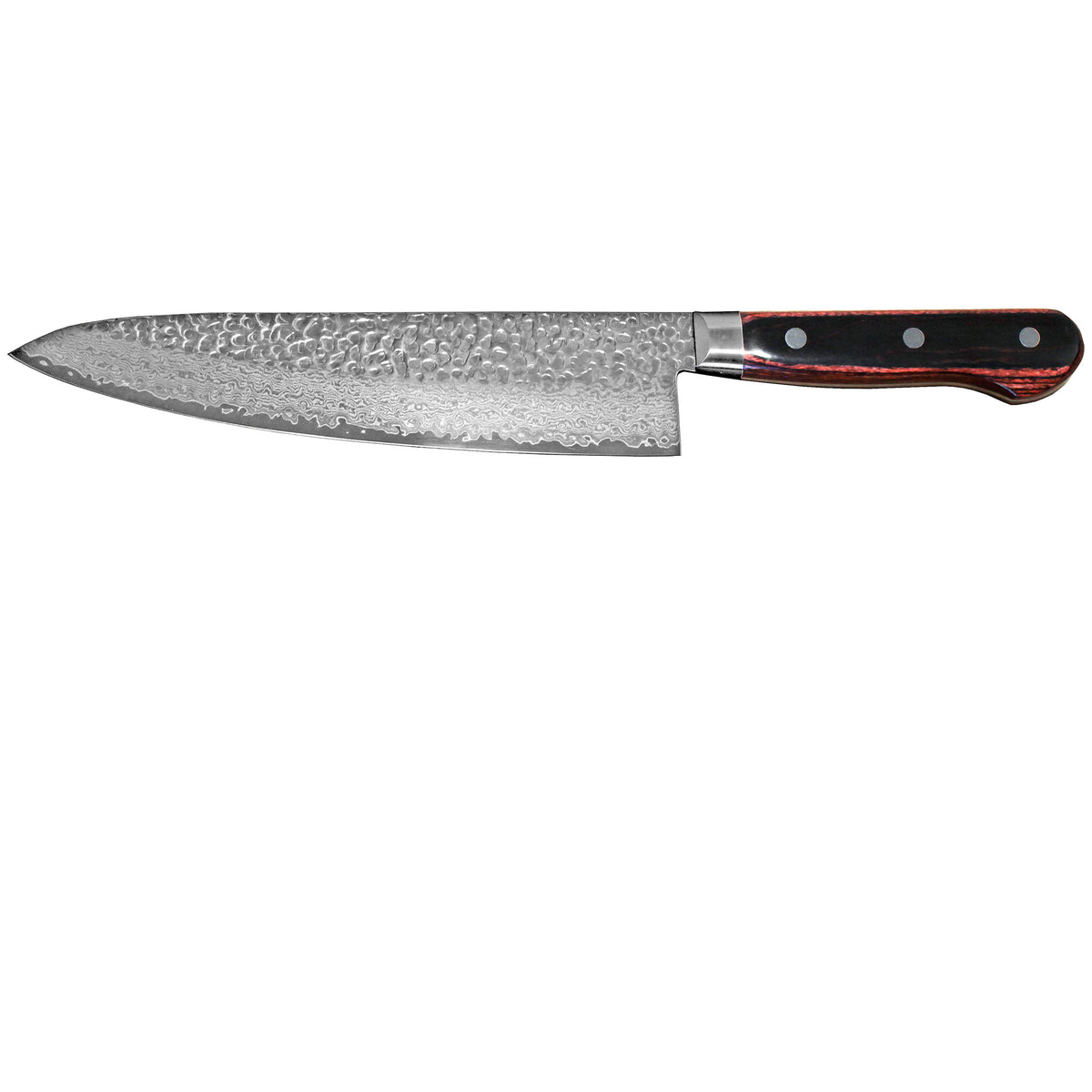 Suncraft Senzo Damascus Universal Kokkiveitsi 21 cm, tarkka sivukuva korostaa terän pituutta ja pakkapuukahvan yksityiskohtia.