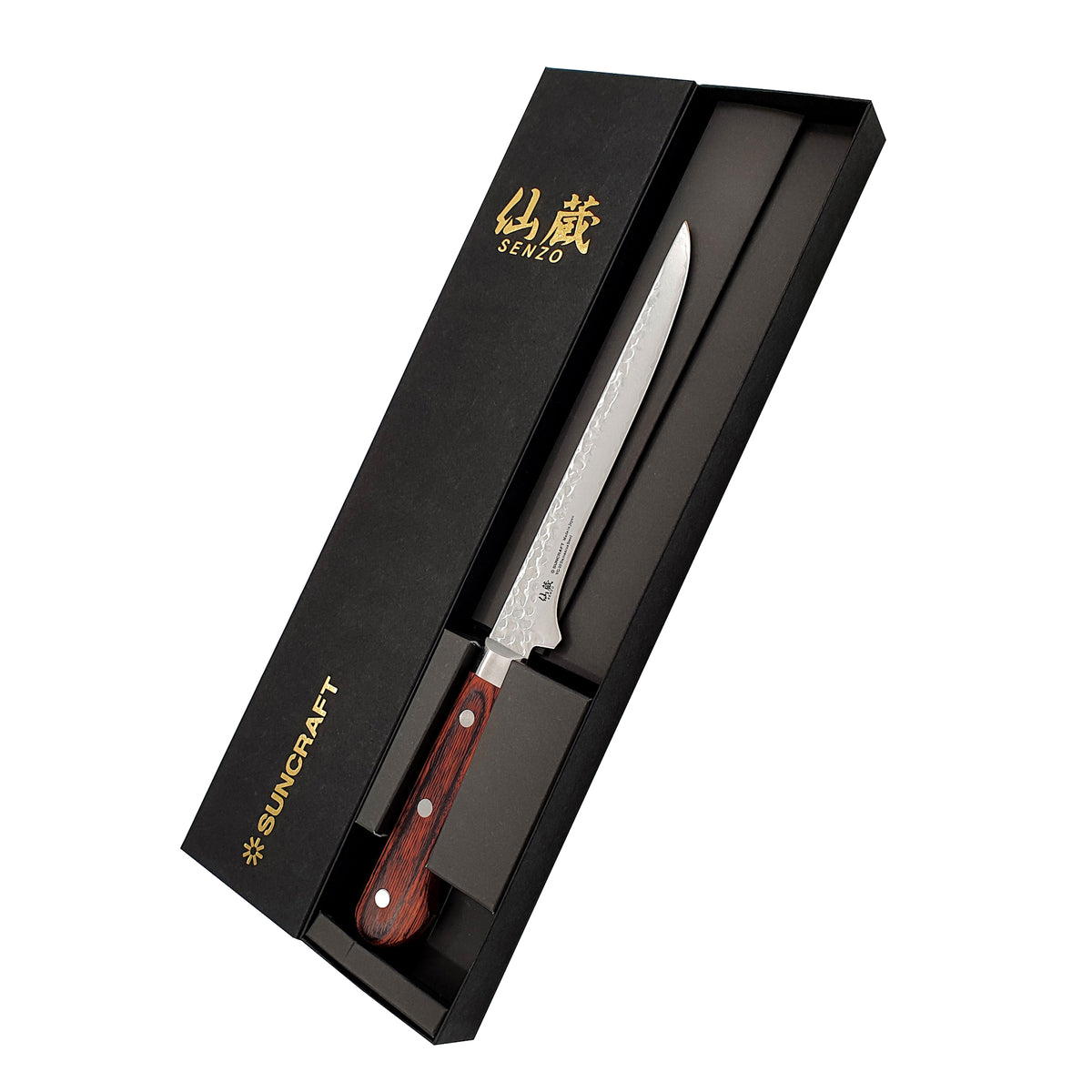 Suncraft Senzo Bouneri Damascus-veitsi tyylikkäässä lahjapakkauksessa, 16.5cm VG10-terä ja 33-kerroksinen Damascus-kuvio.