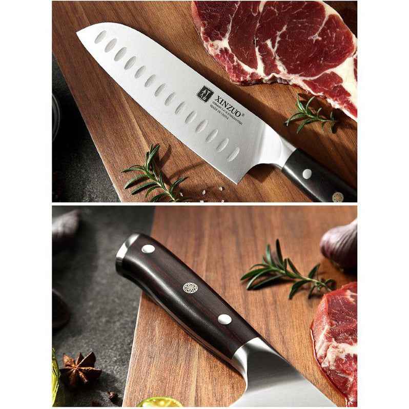 Xinzuo Yu veitsisetti sisältää kokkiveitsen, santokuveitsen ja vihannesveitsen saksalaisesta teräksestä. Eebenpuukahvat tuovat tyylikkyyttä ja kestävyyttä.