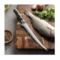 Xinzuo Fileerausveitsi 23 cm ammattilaisille, taottu hiiliteräksestä, kalan fileointiin puuleikkuulaudalla keittiössä