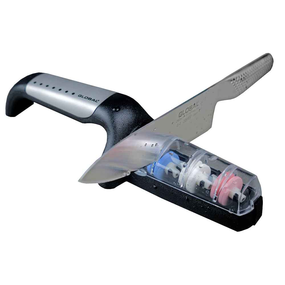 Global G-913/SB vesihiomakiviteroitin, keraaminen teroitin kolmella karkeudella (120, 240, 600 Grit), vesihiomakone keittiöveitsille