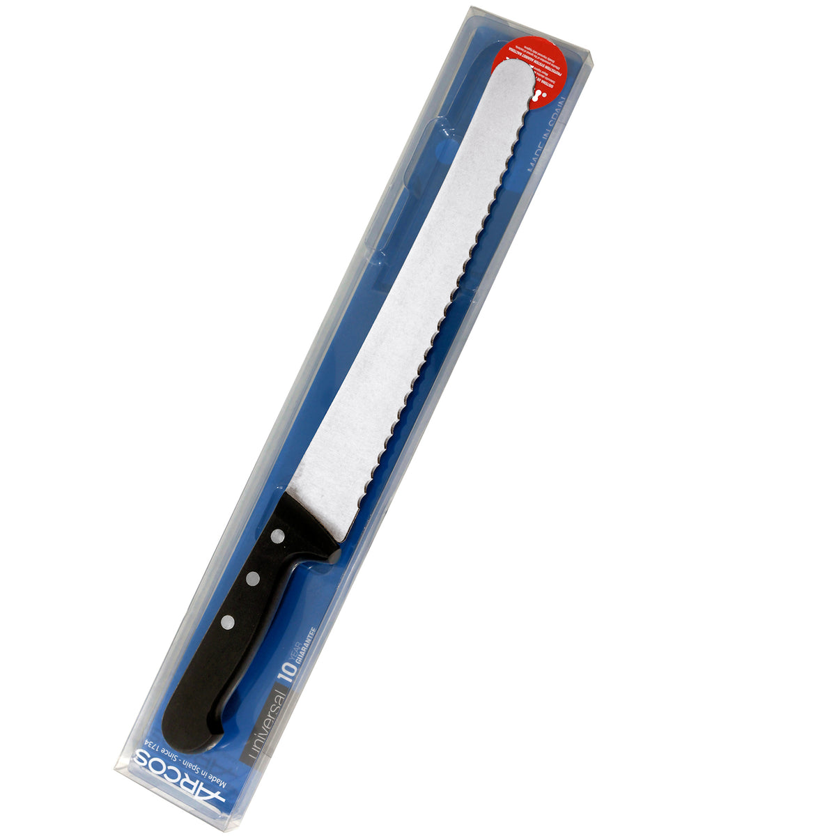 Arcos Kondiittoriveitsi 25 cm pakkauksessa, sahalaitaterä ja ergonominen kahva, täydellinen leivän ja kakkujen leikkaamiseen.