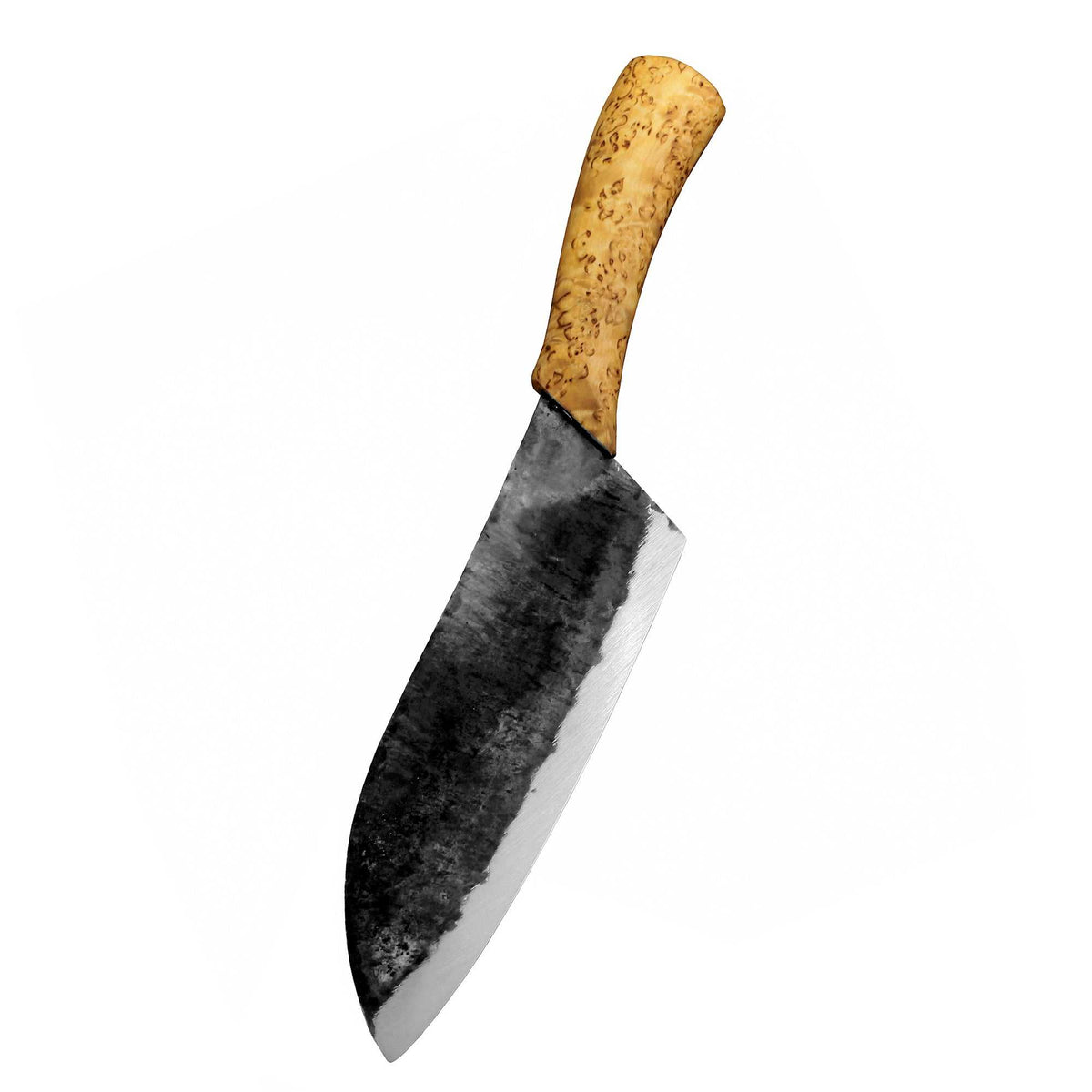 Laatupuukko käsintehty kokkiveitsi, 18 cm hiiliteräksinen terä ja kauniisti muotoiltu puukahva. Tyylikäs ja kestävä keittiötyökalu.