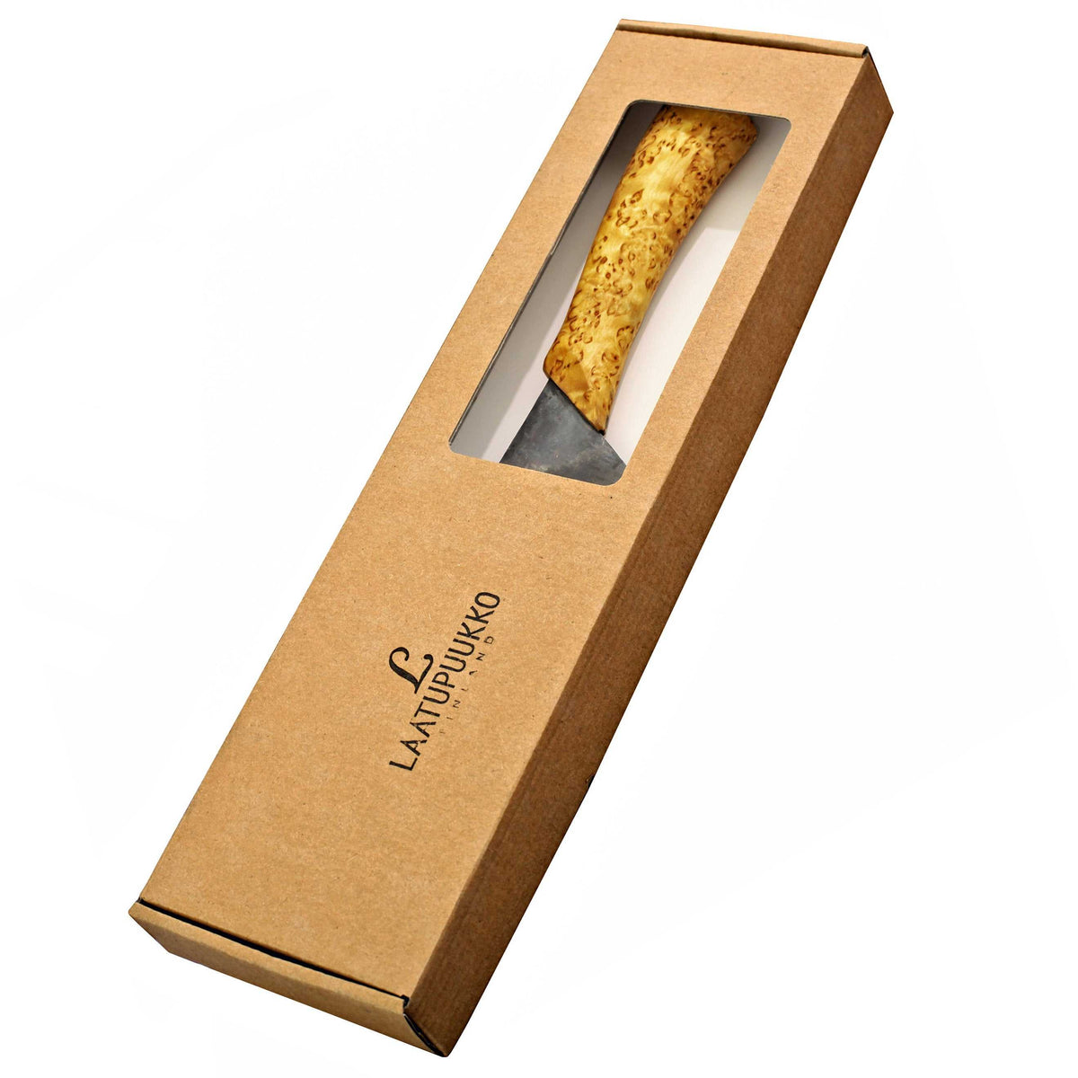 Laatupuukko kokkiveitsi pakkauksessaan, jossa näkyy visakoivukahva. Tyylikäs lahjapakkaus keittiövälineille.