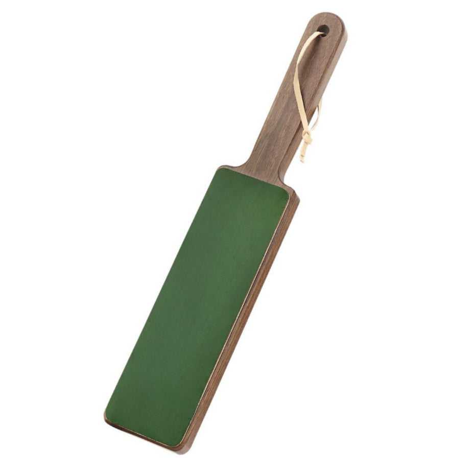 Xinzuo Nahkastroppi, 2-puolinen teroitustikku vihreällä nahkapinnalla ja ergonomisella puukahvalla.