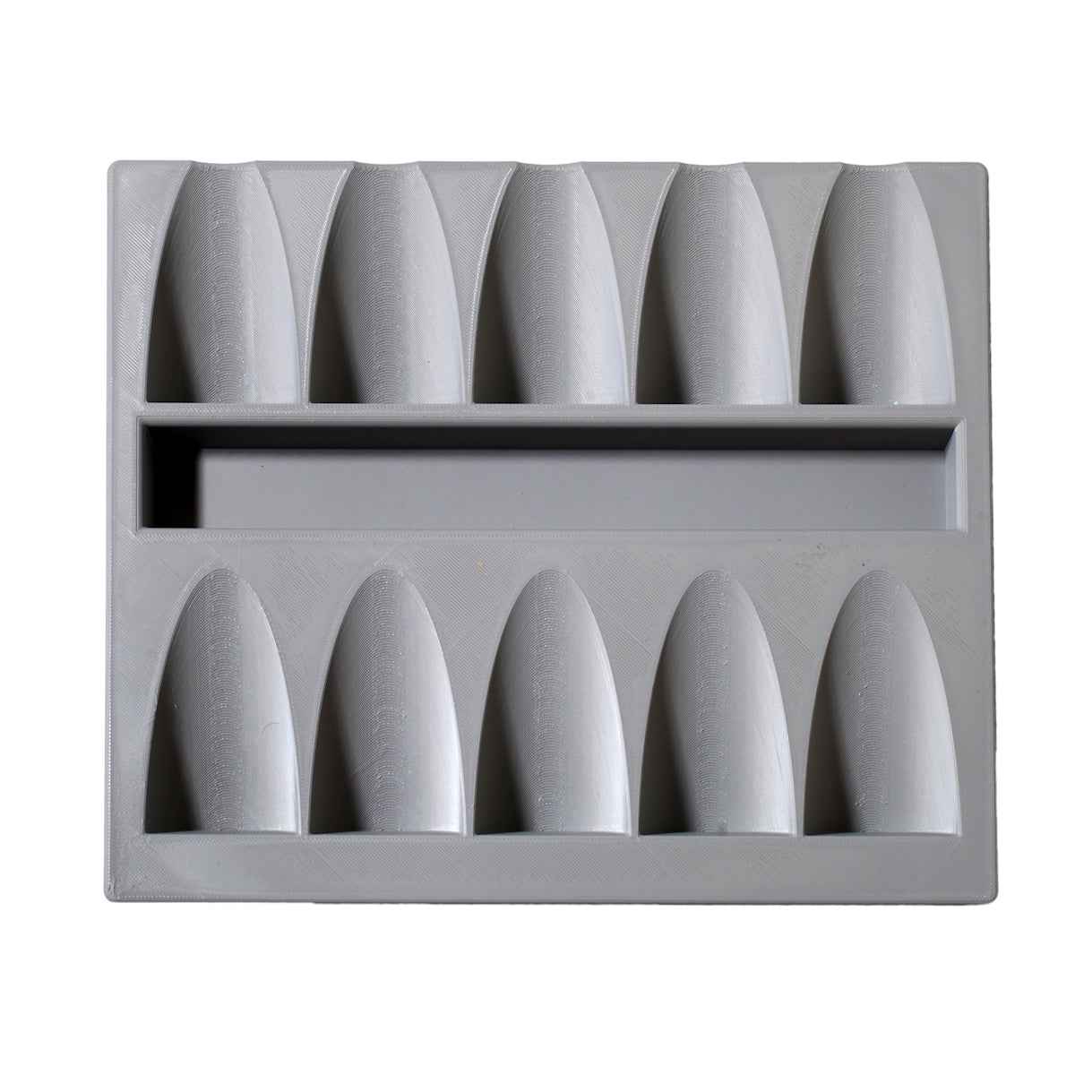 Tyhjä harmaa Maustepurkkiteline vetolaatikkoon - 10 paikkaa, 3D-tulostettu säilytysratkaisu keittiön maustepurkeille.