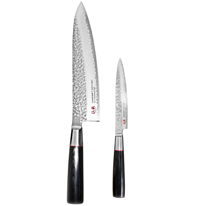 Suncraft Senzo Damascus -kokkiveitsi ja vihannesveitsi, VG10-terä, 32 Damascus-kerrosta, japanilainen laatu, mustat kahvat.