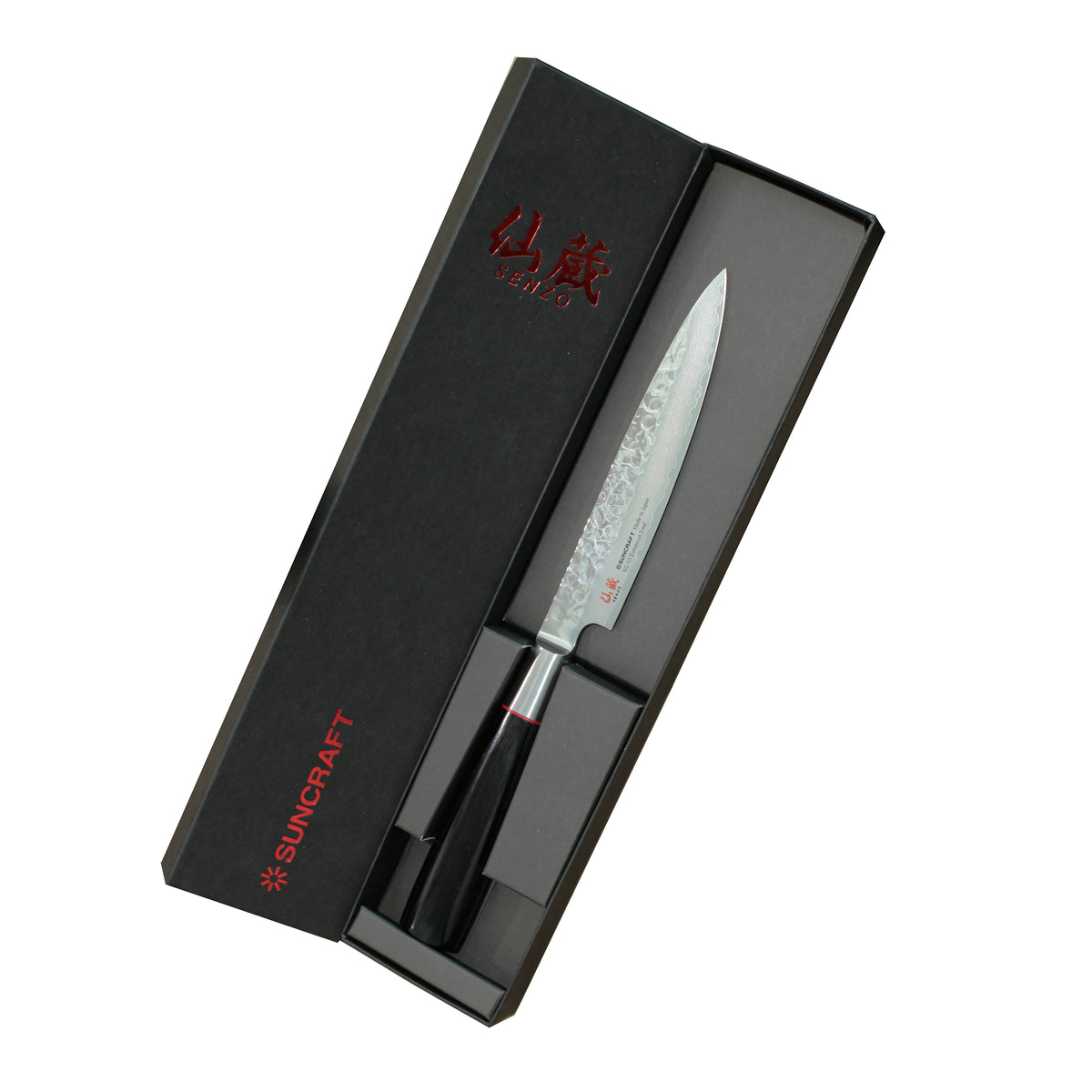 Suncraft Senzo Damascus vihannesveitsi lahjapakkauksessa. 12 cm VG10-terä, pakkapuukahva ja japanilainen käsityö.