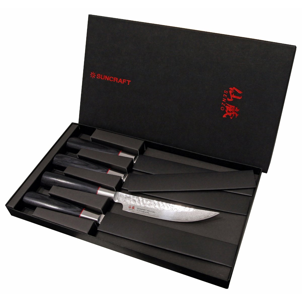 Suncraft Senzo Damascus pihviveitsisarja ylellisessä mustassa lahjapakkauksessa, valmistettu Japanissa, premium-veitsisetti