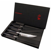 Suncraft Senzo Damascus pihviveitsisarja ylellisessä mustassa lahjapakkauksessa, valmistettu Japanissa, premium-veitsisetti