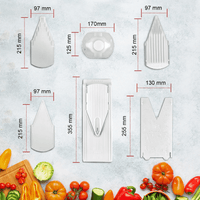 Börner V3 Mandoliinin mitat ja osat: viipalointiterät, suikaleterät, turvapidike ja Multibox-säilytyslaatikko.