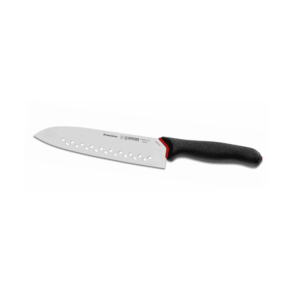 Giesser PrimeLine Santoku veitsi 19 cm, kevennetty terä vähentää vastusta, täydellinen vihannesten silppuamiseen ja siivuttamiseen.