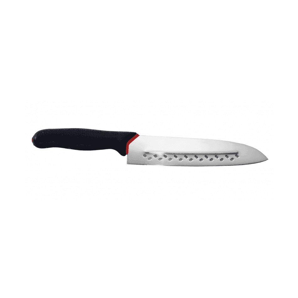 Japanilainen Giesser Santoku kokkiveitsi 19 cm, terässä reiät ruoan tarttumisen estämiseksi, musta ergonominen kahva.