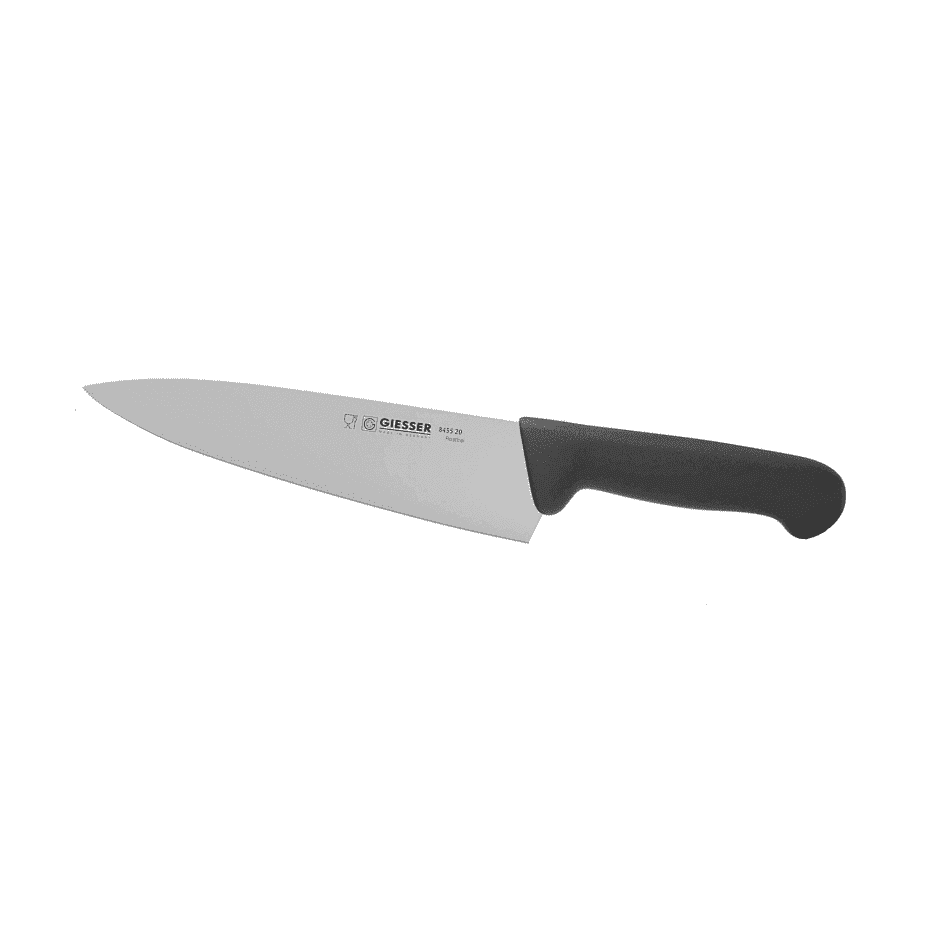 Giesser Kokkiveitsi - Leveä Terä | Useita Kokoja, mustalla kahvalla. Ammattikäyttöön suunniteltu länsimaalainen kokkiveitsi keittiöön.
