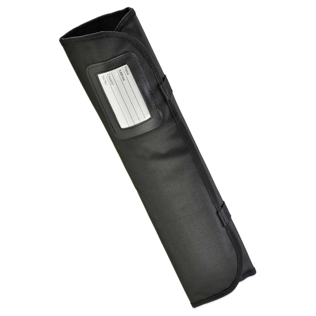 Giesser veitsilaukku - tyhjä musta veitsilaukku mestarikokeille, suljettuna ja varustettu nimilapulla.