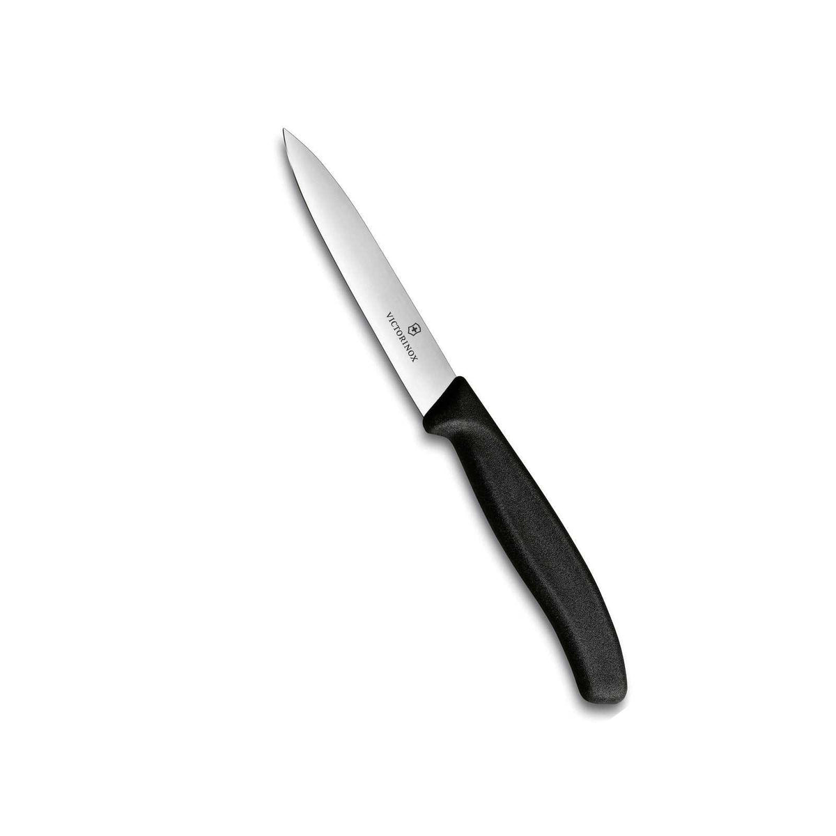 Victorinox Kuorimaveitsi 10 cm suoraterällä ja ergonomisella mustalla kahvalla, ihanteellinen tarkkuutta vaativiin keittiötöihin.