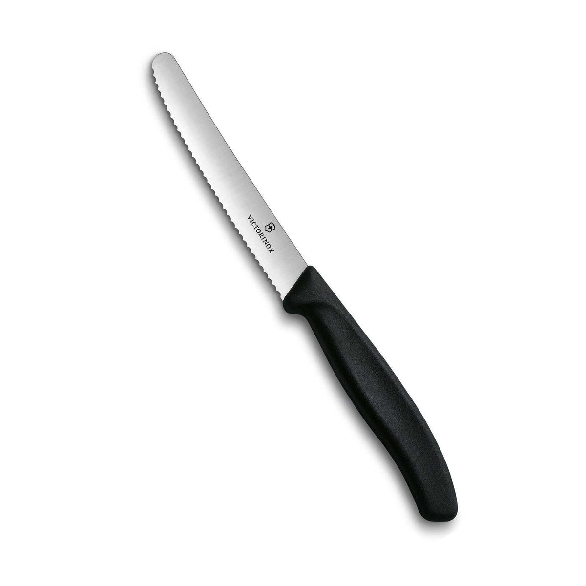 Victorinox tomaattiveitsi - Swiss Classic | 11 cm terä, musta kahva, sahalaitainen ruostumaton terä keittiökäyttöön.