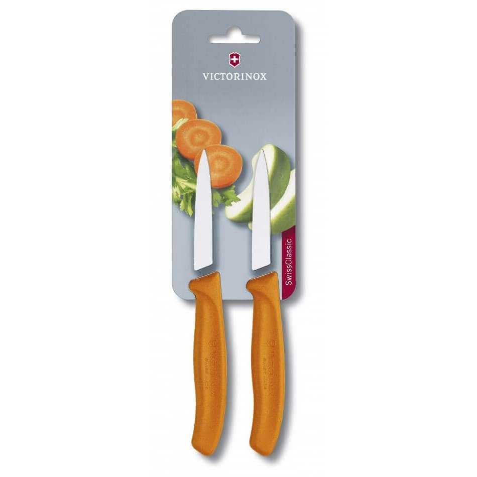 Victorinox Kuorimaveitsi Setti - 8 cm, 2 kpl Swiss Classic oranssilla kahvalla, sopii tarkkaan vihannesten kuorintaan.