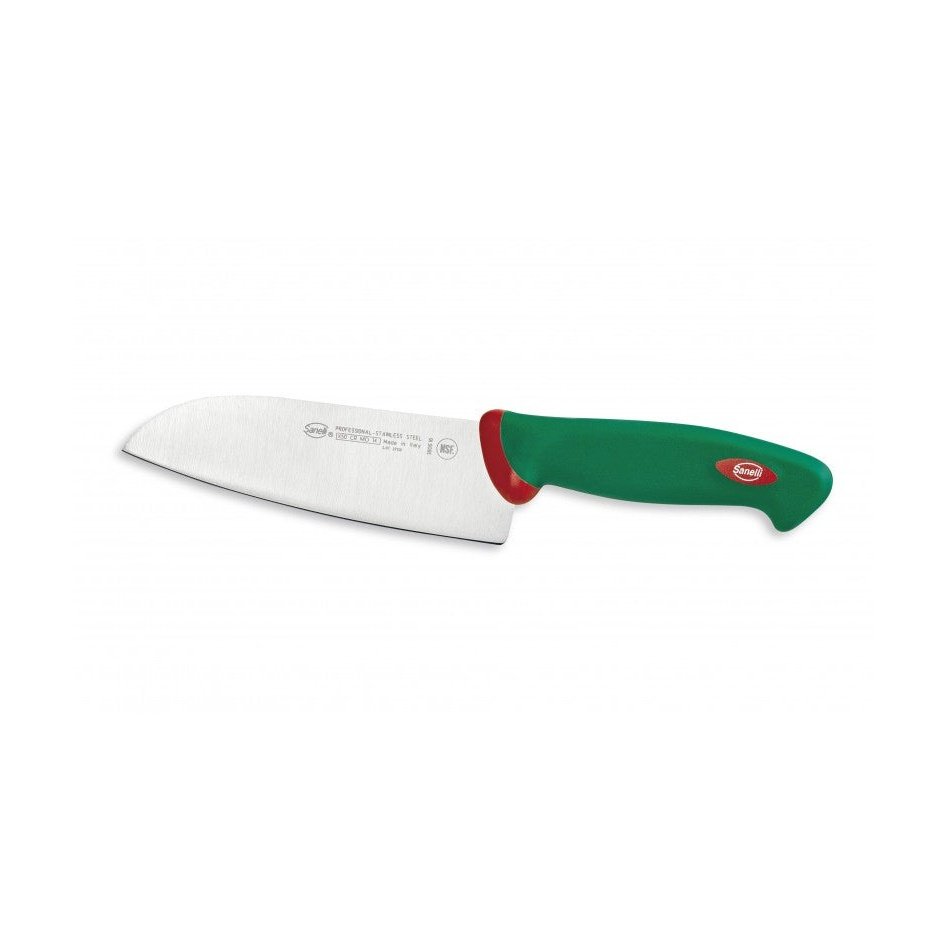 Santoku kokkiveitsi Sanelli, 16 cm terä ja vihreä-punainen kahva. Tasapainoinen veitsi keittiön päivittäisiin leikkuutöihin.