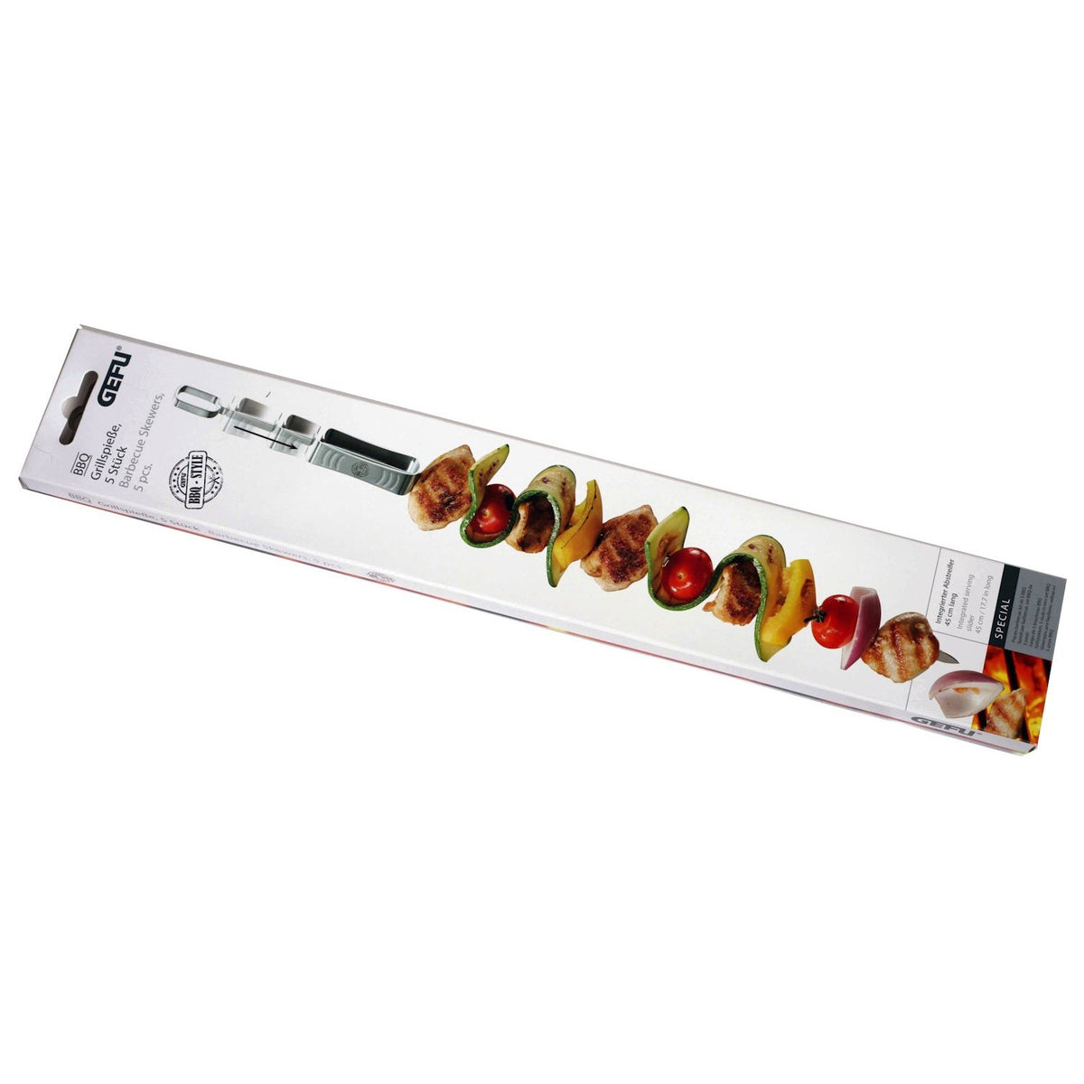 Gefu pitkät grillivartaat - 5 kpl pakkauksessa, ruostumaton teräs, esillä tuotepakkauksessa jossa näkyy täytetty varras