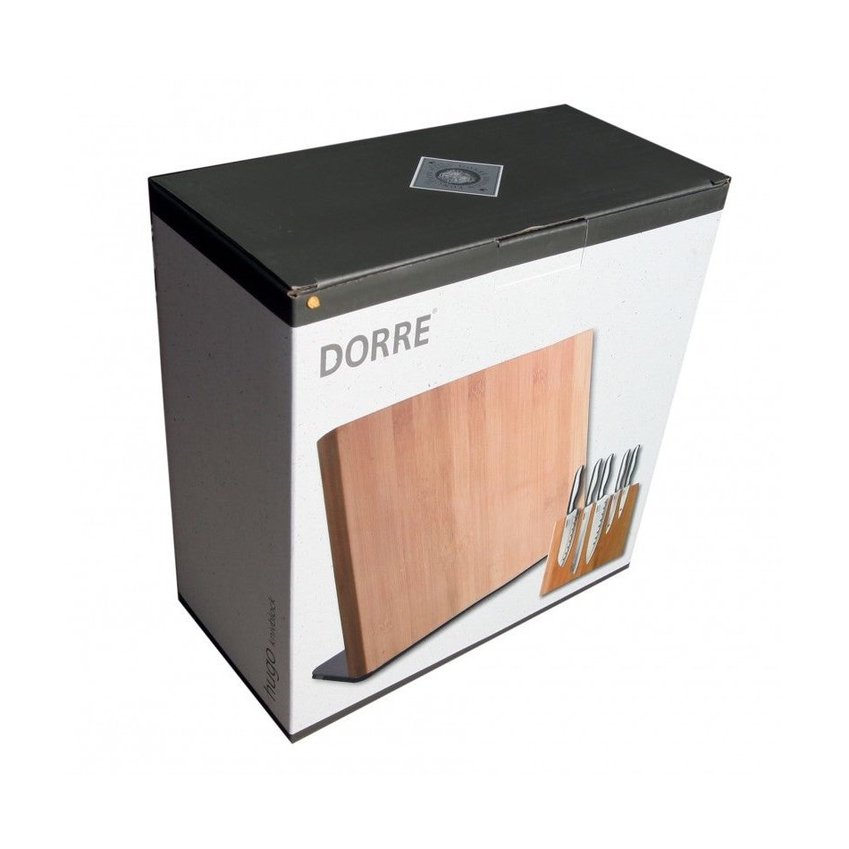 Dorre Veitsimagneetti Bambu myyntipakkauksessa, jossa näkyy tuotteen kuva ja veitsien säilytysratkaisu keittiöön.
