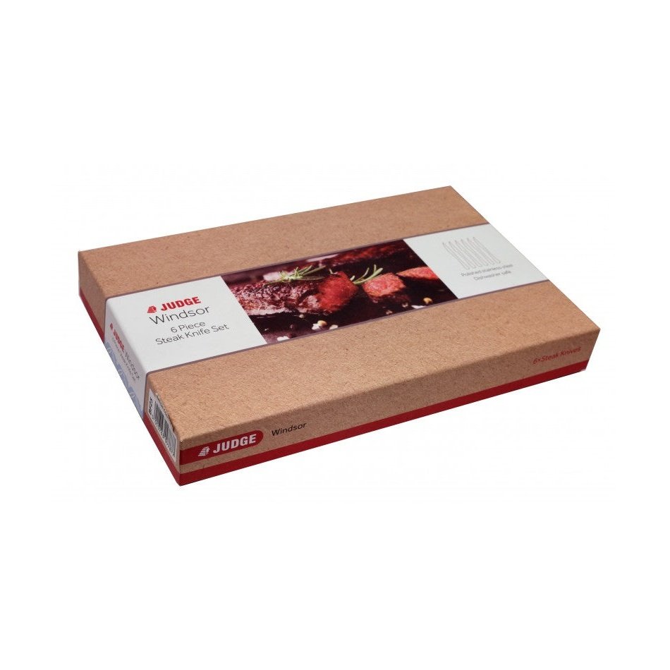 Judge Windsor pihviveitsisarja 6 kpl suljetussa lahjapakkauksessa, etiketissä kuva pihvistä ja tuotetiedot.