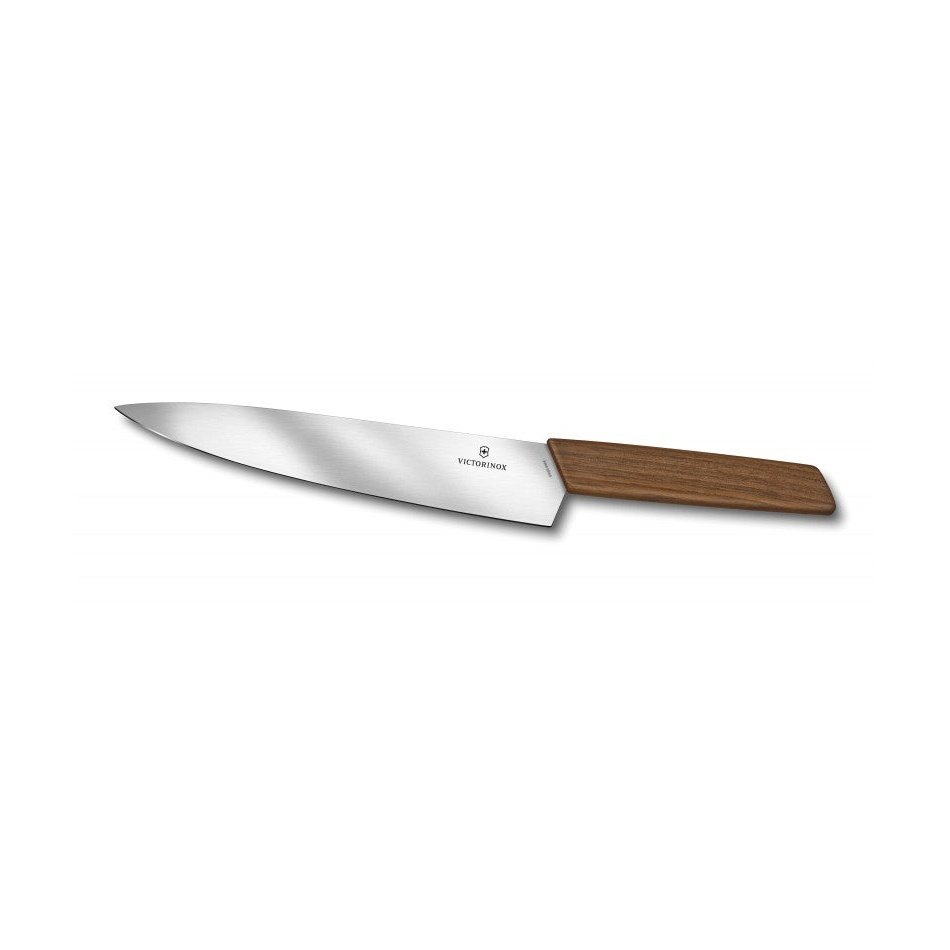 Victorinox Swiss Modern kokkiveitsi 22 cm, länsimaalainen keittiöveitsi jalopähkinäpuukahvalla, sopii lihan ja vihannesten paloitteluun.