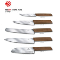 Victorinox Swiss Modern keittiöveitsisarja jalopähkinäpuukahvoilla, sisältää kokkiveitsen 22 cm ja muita laadukkaita veitsiä.