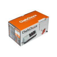 Chef's Choice Trizor XV - Huipputehokas sähköinen teroituskoneen myyntipakkaus, jossa näkyy tuotteen kuva ja tekniset tiedot.