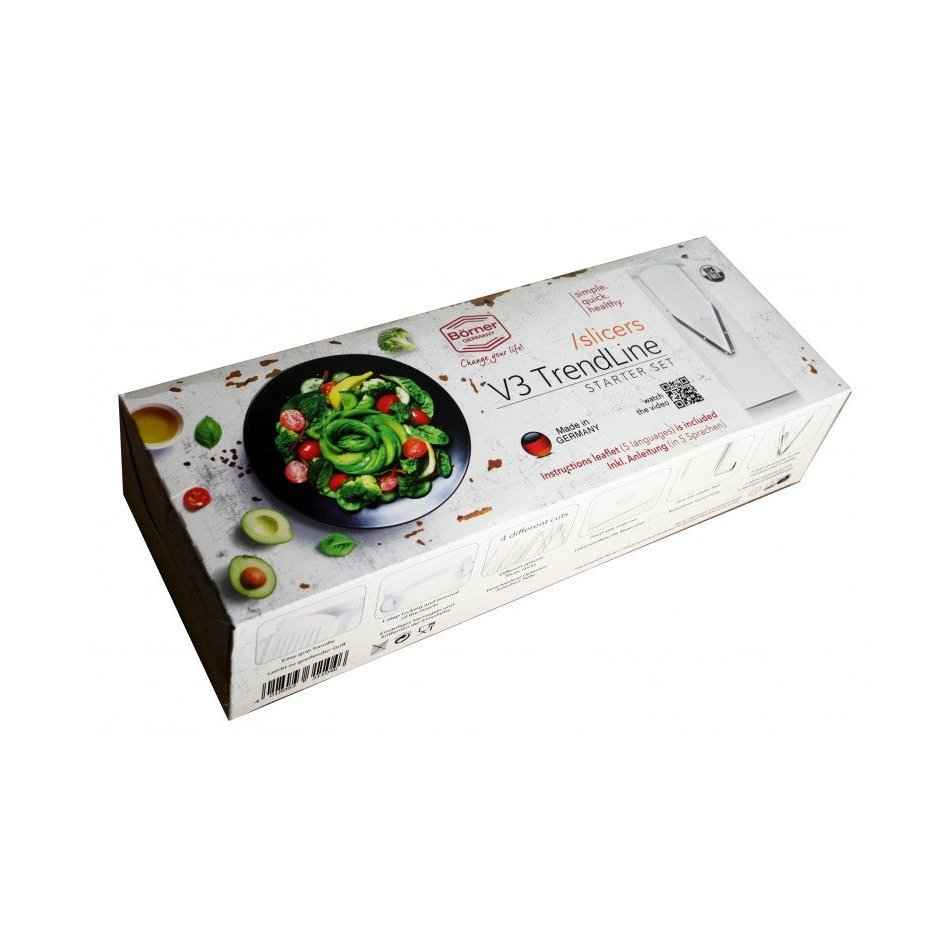 Börner V3 Trendline Mandoliinin myyntipakkaus, sisältää viipalointiterät, suikaleterät ja turvapidikkeen.