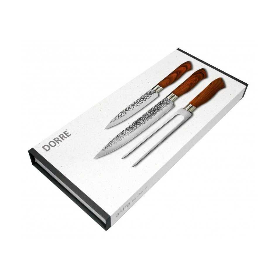 Dorre Paistihaarukka Veitsisetti - 3 osaa tyylikkäässä pakkauksessa, veitsissä koristeellinen terä ja ergonomiset puujäljitelmäkahvat.
