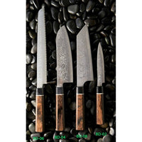 Suncraft Senzo Damascus -veitsisarja, jossa 22 cm leipäveitsi ja muita japanilaisia keittiöveitsiä, mustat pakkapuu kahvat.