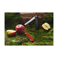 Victorinox Taittuva Retkiveitsi luonnossa omenoiden keskellä, korostaen sen monipuolisuutta hedelmien ja vihannesten leikkaamiseen.