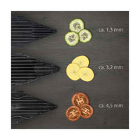 Börner V6 Mandoliini viipaloi vihannekset tarkasti: 1,3 mm, 3,2 mm ja 4,5 mm paksuudet eri käyttötarkoituksiin.